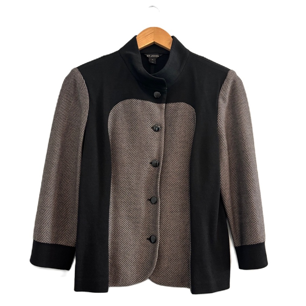 St. John Black & Gray Mock Neck Jacket Size 8